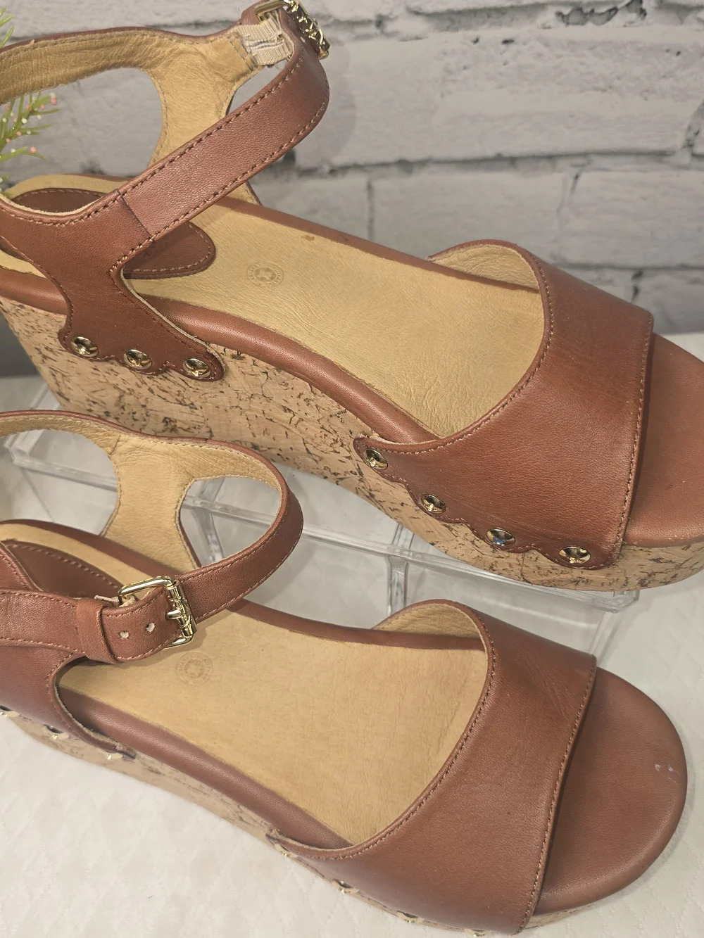 BUSSOLA MANSFIELD PLATFORM WEDGE SANDAL BROWN LEATHER CORK WOMENS 38 - Picture 6 of 14
